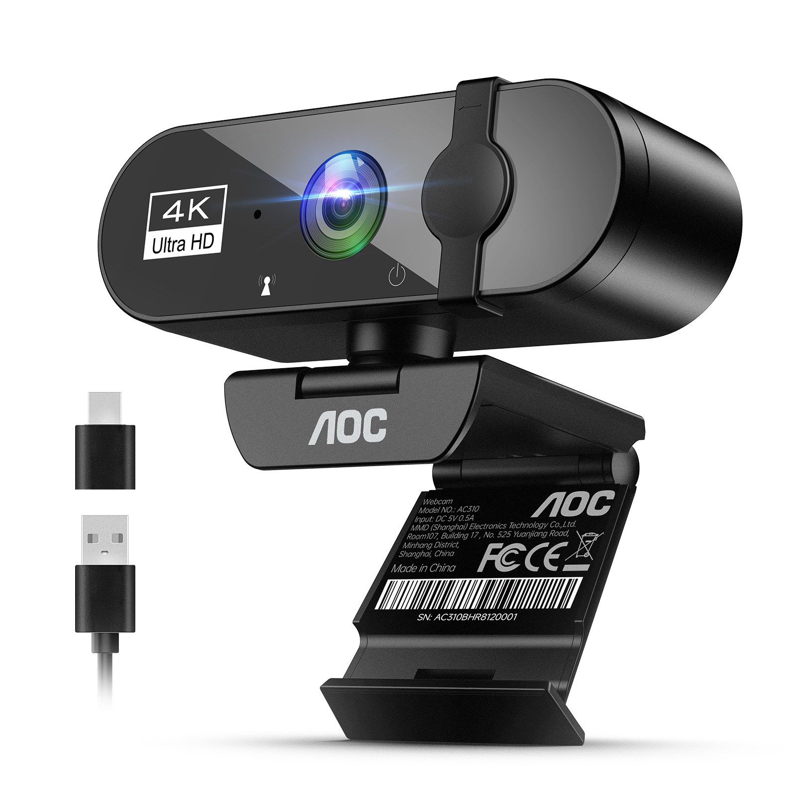 AOC 4K UHD 웹캠 노이즈캔슬링 마이크 내장 PC 화상회의 방송용 블랙 AC310